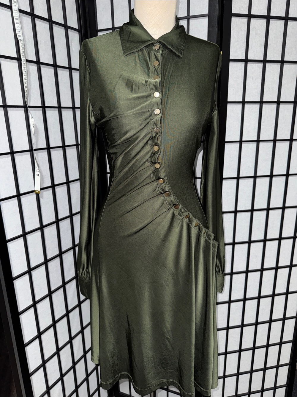 Rabanne Robe Asymmetrical Button Detail Dress – Olive Green – Size US 4 (FR 38) - Picture 11 of 17